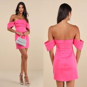 Lulus Totally Haute Hot Pink Satin Pleated Off-the-Shoulder Mini Dress M Wedding